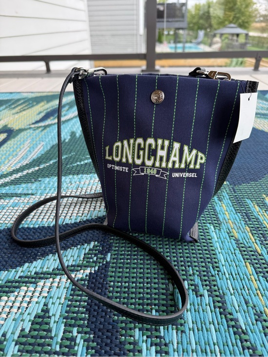 Longchamp Handbags - Longchamp Navy Crossbody with Green Pinstripes